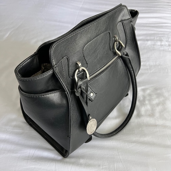 London Fog Black Faux Leather Satchel Handbag with Silver Hardware - Picture 13 of 15